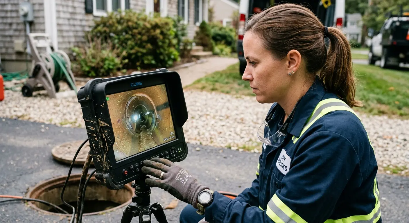 Technician reviewing sewer camera inspection footage in Millbrook