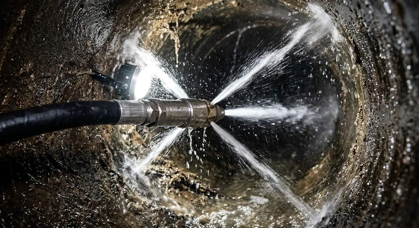 High-pressure hydro jetting nozzle cleaning sewer pipe for Emergency Drain Service in Millbrook