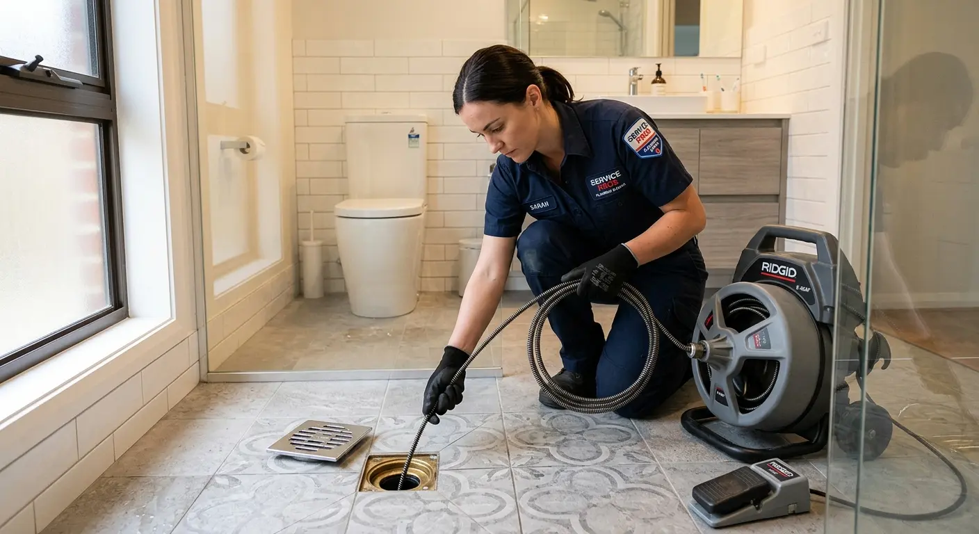 Technician clearing a bathroom floor drain for Sewer Line Replacement in Millbrook
